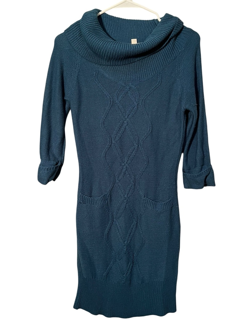 Pink Rose Women’s Size Medium Cowl Neck Sweater Dress Turquoise Green Blue Cable